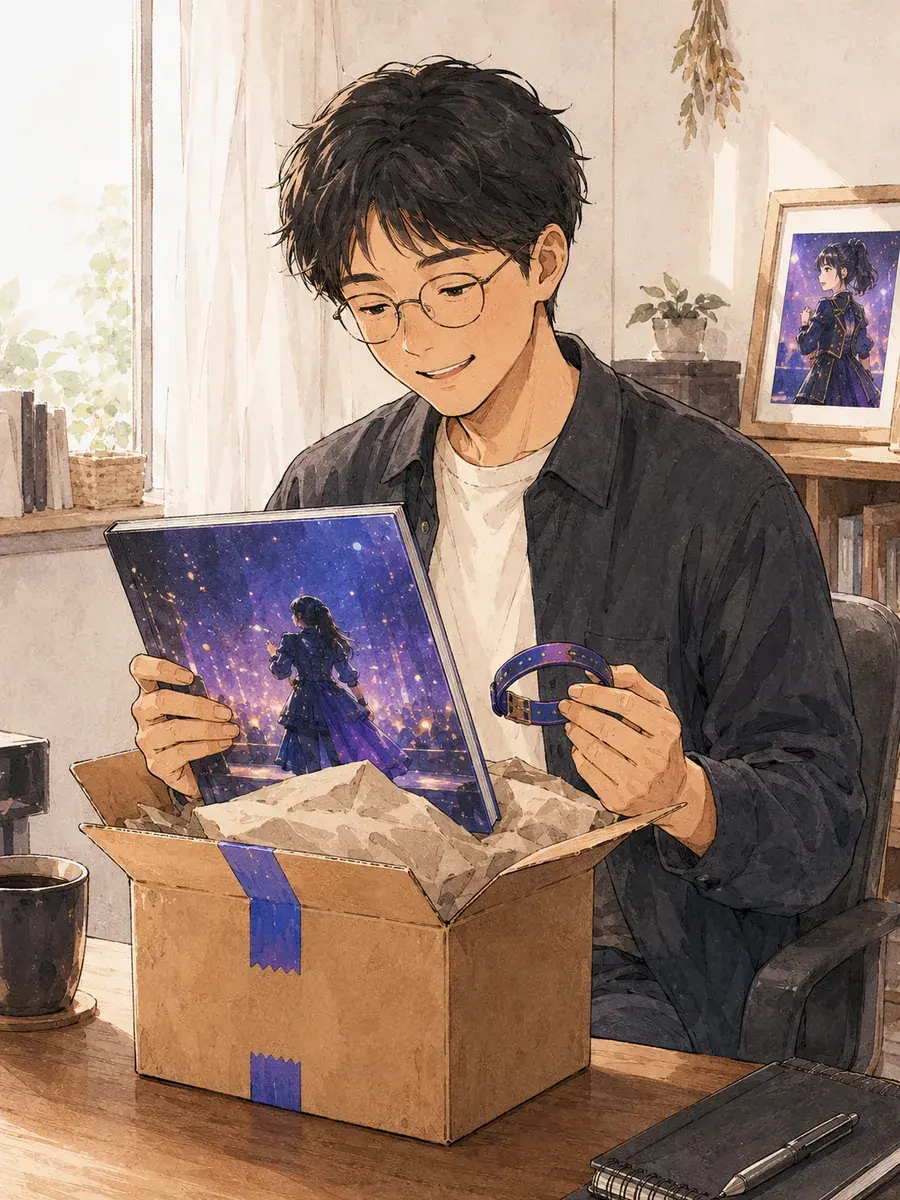 届いた商品を開封して喜ぶファンのイラスト