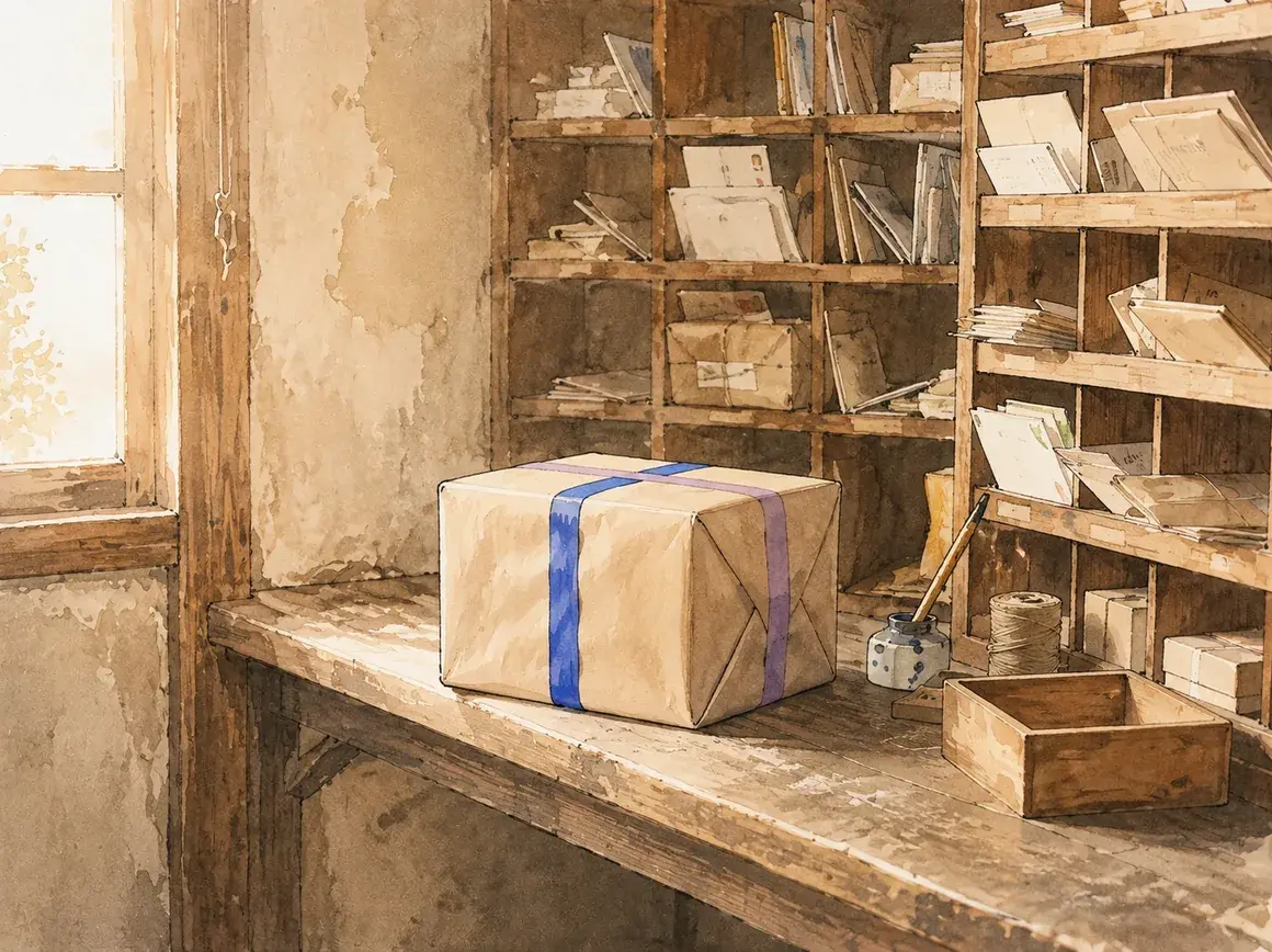 運営が間に入って匿名で中継する郵便棚に置かれた荷物のイラスト